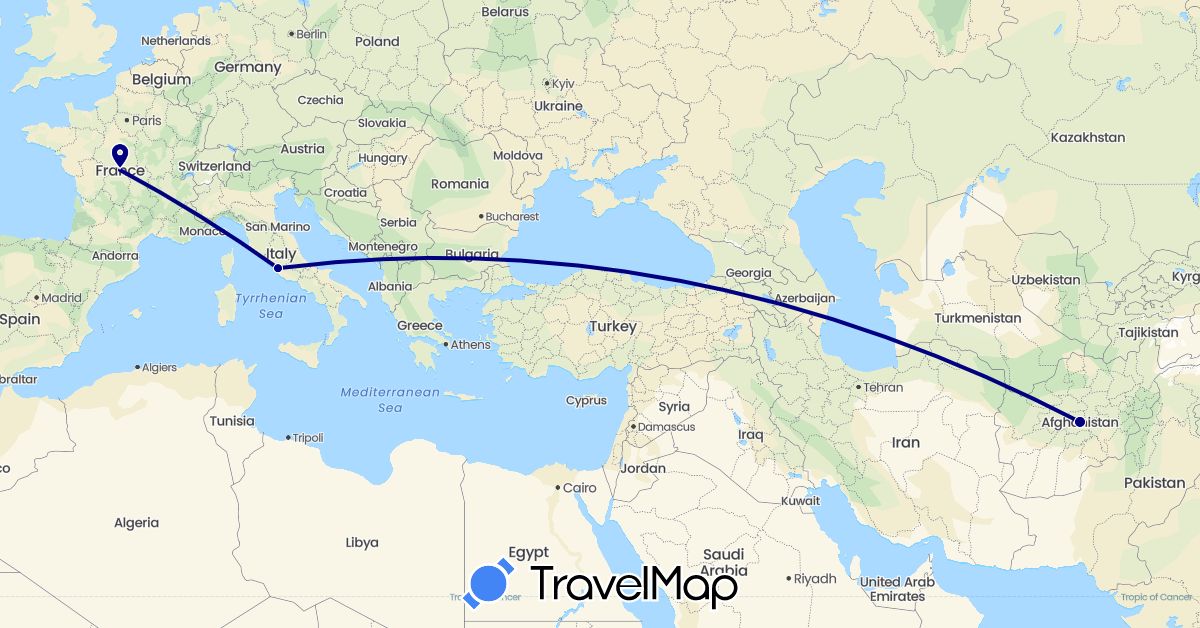 TravelMap itinerary: driving in Afghanistan, France, Italy (Asia, Europe)
